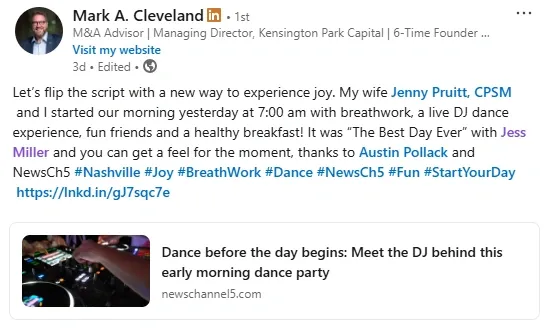 LinkedIn post from Mark A. Cleveland about Best. Day. Ever!